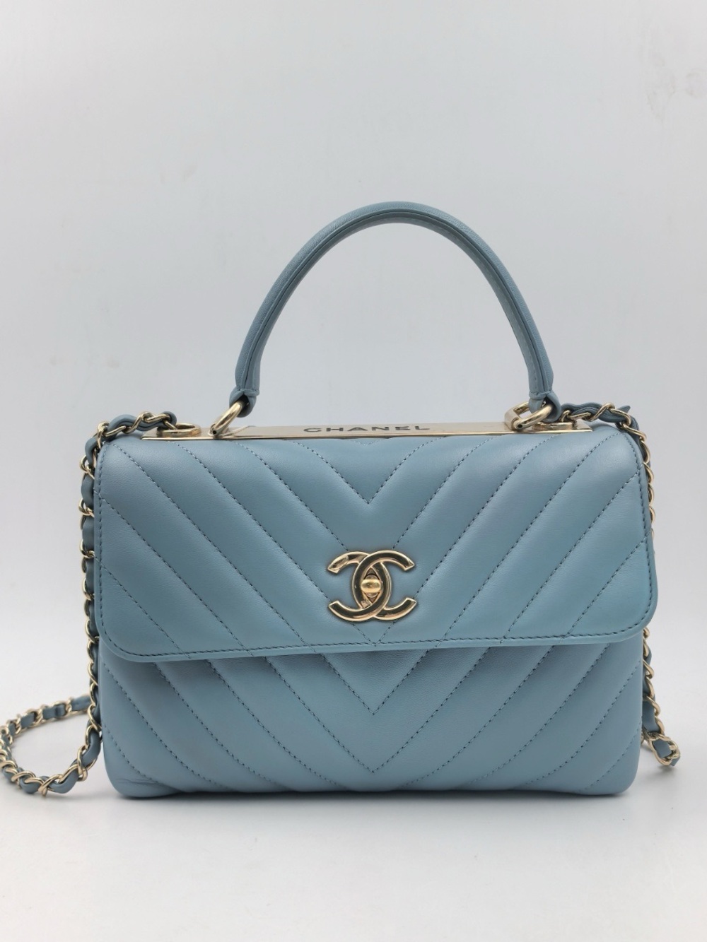 CHANEL Trendy CC Chevron Lambskin Blue Quilted Top-Handle Flap Bag